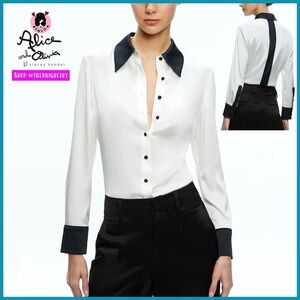Alice + Olivia Willa Fitted Placket Black White Top